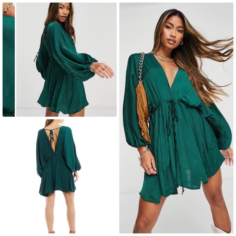 NWT FREE PEOPLE Arzel plunge mini dress in teal green - L